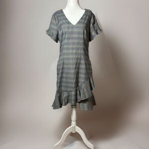Womens 6 Gray Blue Plaid Asymmetrical Ruffle Dress Preppy Career College Office